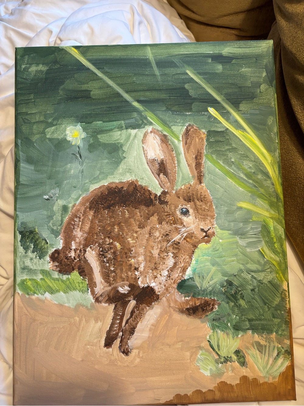 Hand-Painted Brown Bunny Canvas Art - Rustic Home Accent